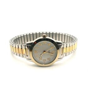 Accutime Two-Tone Womens Watch Stretch Band Silver and Gold 7" New Battery